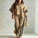 2027 Summer Fashion European-USA Style Women Lapel Half Button Short Sleeve Shirt +Elastic Waist Pants Striped Two-Piece Casual Sets S-5XL_ecoleips.com