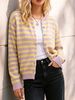 Lilac Yellow Stripe Pit Rib Knit Cardigan, Loose Lightweight Breathable Soft Skin-touch Long Sleeve Round Neck Button Knit Jacket_ecoleips.com