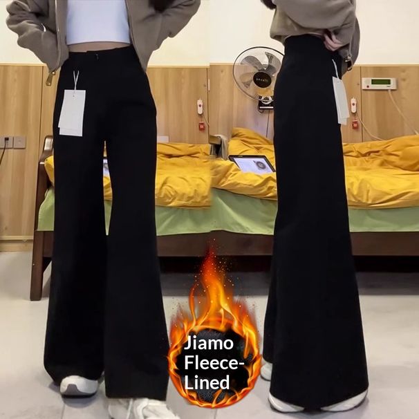 Black Wide-Leg Jeans For Women, Autumn And Winter, Fleece-Lined, Plus Size, High Waist, Slimming, Stretchy, Petite_ecoleips.com