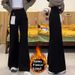 Black Wide-Leg Jeans For Women, Autumn And Winter, Fleece-Lined, Plus Size, High Waist, Slimming, Stretchy, Petite_ecoleips.com