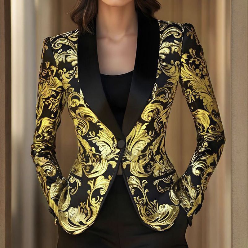 Women's Printed Blazer Jacket – Slim-Fit Long Sleeve Professional Top (Black/White/Yellow, S-XL)_ecoleips.com