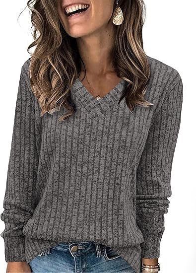 Women's Long Sleeve V-Neck Ribbed T-Shirt - Soft Polyester Blend Casual Top For Autumn & Winter - Loose Fit Comfortable Daily Wear_ecoleips.com