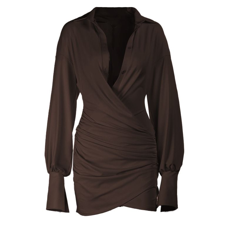 JY25334 Women's Sexy Deep V Neck Pleated Bodycon Shirt Dress European American Style Short Skirt Cross Border Hot Girl Fashion_ecoleips.com
