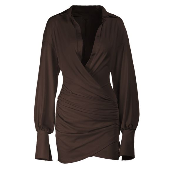 JY25334 Women's Sexy Deep V Neck Pleated Bodycon Shirt Dress European American Style Short Skirt Cross Border Hot Girl Fashion_ecoleips.com