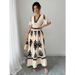 Women's Clothing Summer Retro Print Dress V Neck Gathered Waist A Line Long Real Photo In Stock_ecoleips.com