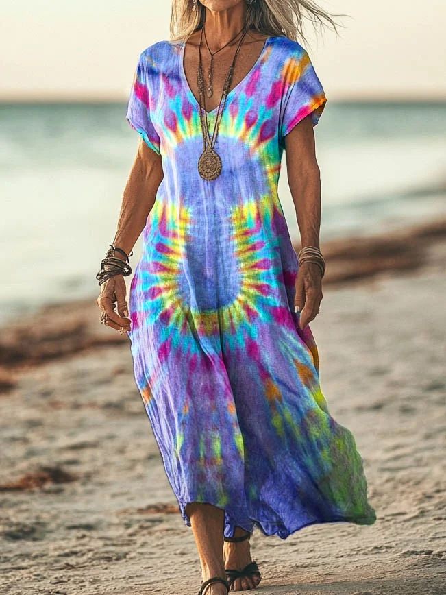 Creative Floral Women's Summer V-Neck Short Sleeve Dress, Mid-Length Dress_ecoleips.com