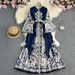 Women's Clothing Retro Temperament Long Sleeve Trumpet Sleeve Positioning Printing Waist Slimming Single Breasted A Line Elegant Long Skirt_ecoleips.com