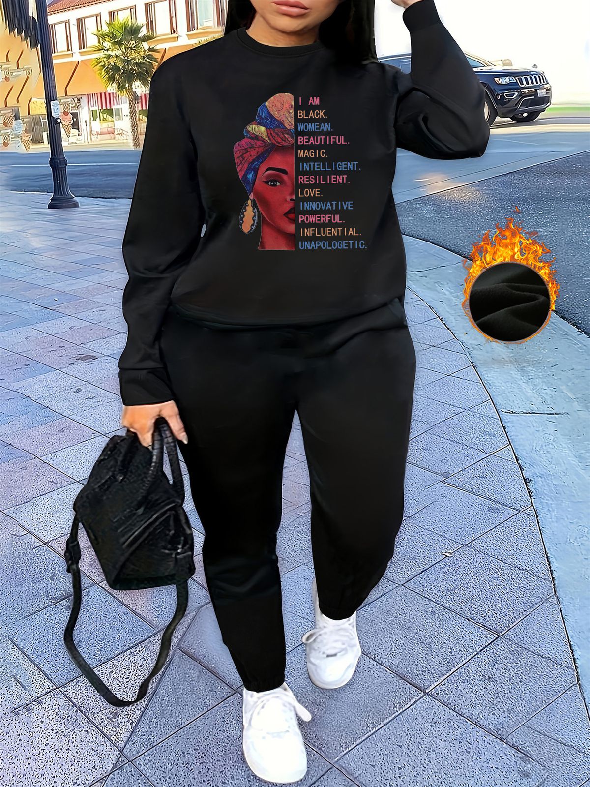Female Autumn And Winter Hip-hop Casual Street Face Portrait Pattern Printed Round Neck Sweatshirt+sports Pants Warm Suit-593_ecoleips.com