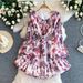 Floral Print Sweetheart Dress for Women with Bow Tie round Neck Flutter Sleeves Waist Tie Ruffled Hem Versatile Design_ecoleips.com