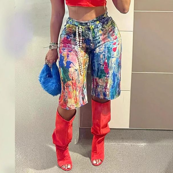 Women's Clothing Summer New Digital Printing Multi Color Casual Pocket Denim Shorts_ecoleips.com