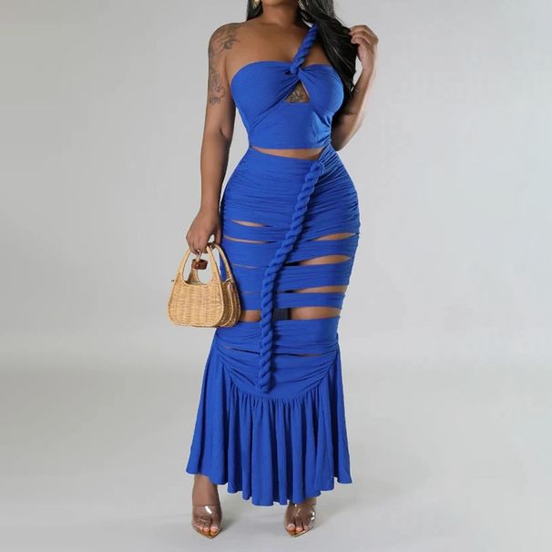 Women's Clothing Spring New One Shoulder Hollow Design Twist Pleated Slimming Bandage Dress Female Dress_ecoleips.com
