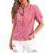 Women's Plaid Lace Design Shirt V Neck Short Sleeve French Ruffle Trim Elegant Fashion Top for Spring Summer_ecoleips.com