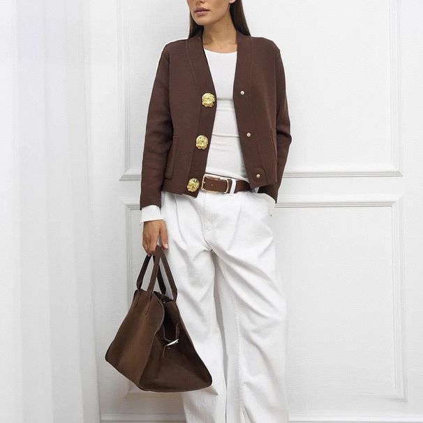 cross-border High-end Short Knitted Cardigan For Women, 2026 Autumn New Slim-fit Metal Button Sweater_ecoleips.com
