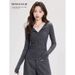 2026 Spring Korean-Style Gray Striped And Fur-Lined Lace-Embroidered Button-Design Long-Sleeve Top For Layered Outfits_ecoleips.com