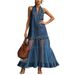 Women's Retro Denim Patchwork Long Dress Casual Sleeveless Ruffle_ecoleips.com