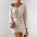 Ribbed Velvet Bodycon Dress – V-Neck Long Sleeve Wrap Waist Mini Dress In Black & Beige_ecoleips.com
