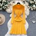 Elegant High-Waisted Knit Dress With Floral Lace Detail - Vintage-Inspired Long Sleeve Wrap Dress For Women_ecoleips.com