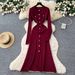 Parisian-Inspired Knit Midi Dress – Metallic Button Waist-Defining Elegance (Pink/Taupe/Black/Green/Burgundy/Purple/Coffee, Stretch Blend)_ecoleips.com