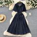 Retro Denim Style Collared Short Sleeved A-Line Dress Women's Slimming Elegant Korean Style for Early Spring Commuting_ecoleips.com