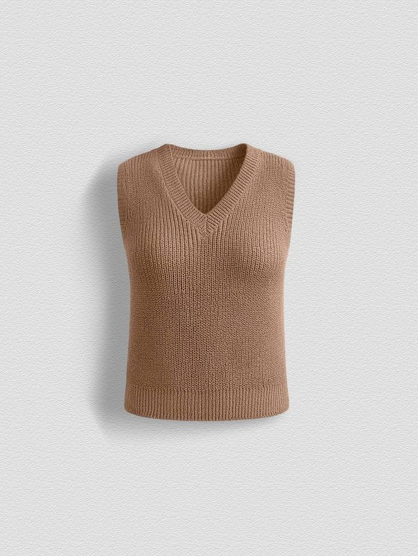 Women's V-Neck Knit Sweater Vest, Casual Sleeveless Ribbed Knit Tank Top_ecoleips.com