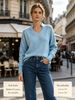 Split V Neck Long Knit Top, Soft Skin-friendly Jumper_ecoleips.com