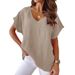 Women's V Neck Short Sleeve T-Shirt Solid Color Cotton Linen Blend Spring Summer Casual Wear Bat Style_ecoleips.com