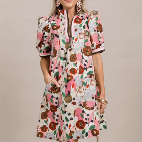 2024 New European And American Women's Fashion Summer Printed V-neck Puff Sleeve Dress_ecoleips.com