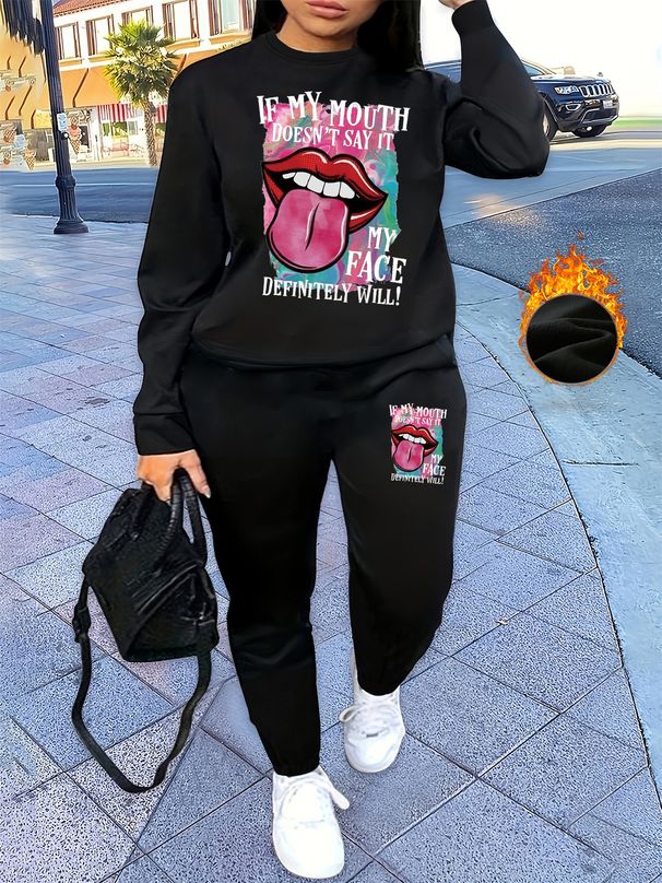 Women's Autumn And Winter Hip-hop Casual Street Lip Print Letter Pattern Print Round Neck Sports Shirt+sports Pants Set-554_ecoleips.com