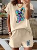 Women’s 2 Piece Outfit Set – Oversized Graphic T-Shirt And Biker Shorts Matching Set, Casual Summer Lounge Tracksuit For Daily Wear-345_ecoleips.com
