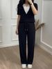 Women's Color Blocked Polo Neck Two-Piece Set Casual Simple Elastic Waist Loose Pants With Short Sleeve T-Shirt_ecoleips.com