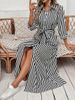 Elegant Temperament Striped Lapel Short Sleeve Dress Women Summer New Style Waist Temperament All Match A Line Skirt_ecoleips.com