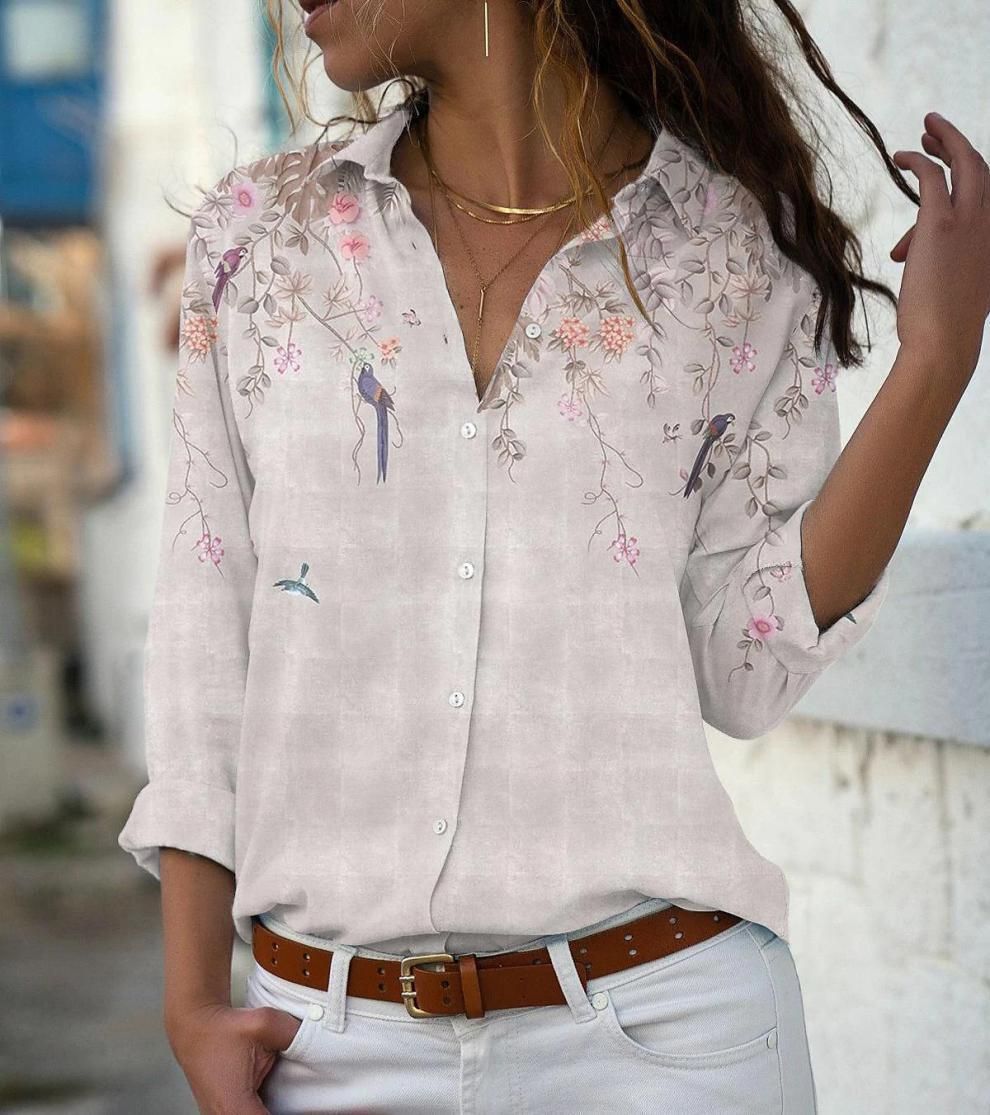 Women's Clothing Women's Fashion Printed Top Casual Long Sleeve Loose Button Down Shirt For Formal & Casual For Women_ecoleips.com