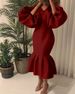 Women's Clothing Large Size Women's Fashion Solid Color V Neck Bubble Long Sleeved Mermaid Skirt Dress_ecoleips.com