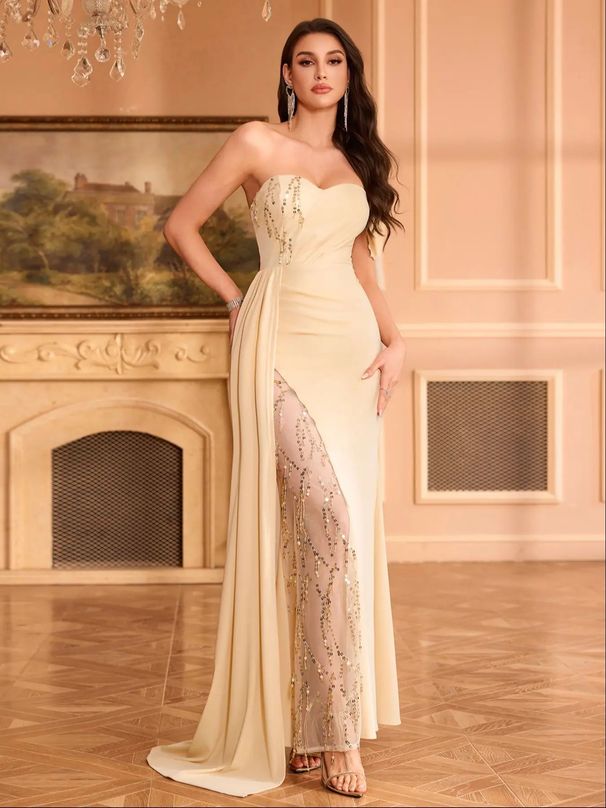 New Elegant Off-Shoulder Backless Slim Sequin Tassel Evening Dress For Banquets_ecoleips.com