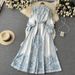 Women's Clothing Spring And Autumn Retro Palace Style Lapel Lantern Sleeves Printed Dress Single Breasted Large Swing A Line Knee Length Dress_ecoleips.com