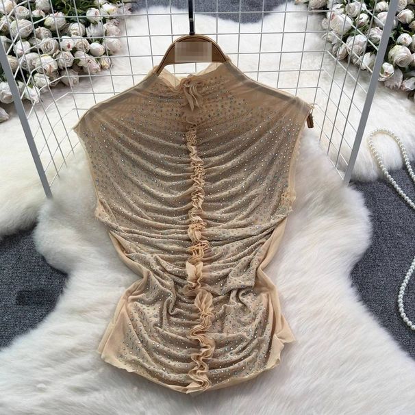Women's Sparkling Sleeveless Vest High Neck Fishtail Top Sexy Alluring Inner Layer for Early Spring_ecoleips.com