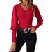 2026 Elegant Ribbed V-Neck Chiffon Patchwork Long Sleeve Solid Color T-Shirt Slim Fit Top For Women With Lantern Sleeves_ecoleips.com