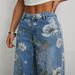 Women's Clothing Street Fashion Loose Straight Wide Leg Pants Printed Denim Trousers_ecoleips.com