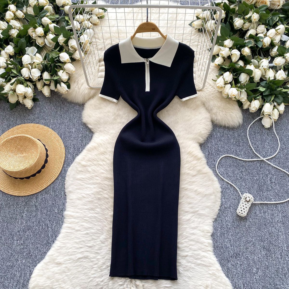 Women's Clothing Summer New Niche Retro Polo Collar Short Sleeves Slim Fit Temperament Hip Knitted Dress_ecoleips.com