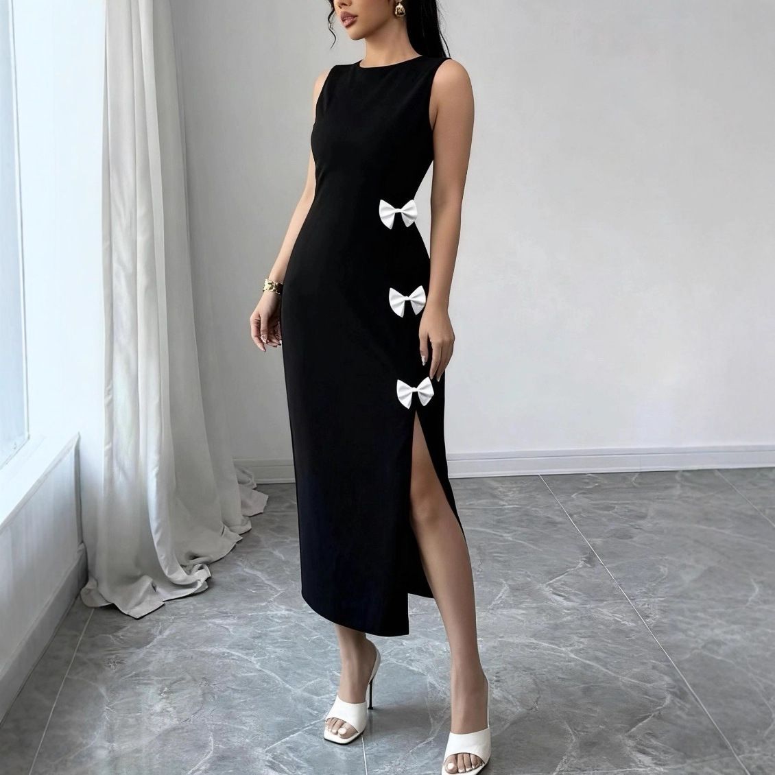 Elegant Knit Maxi Dress With High Slit – Stretchy Bodycon Long Dress For Women (Black, S-XL)_ecoleips.com