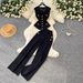 Chic V-Neck Knit Camisole High-Waist Wide-Leg Pant Two-Piece Set Elegant Wide Cuff Trousers Outfit for Women_ecoleips.com