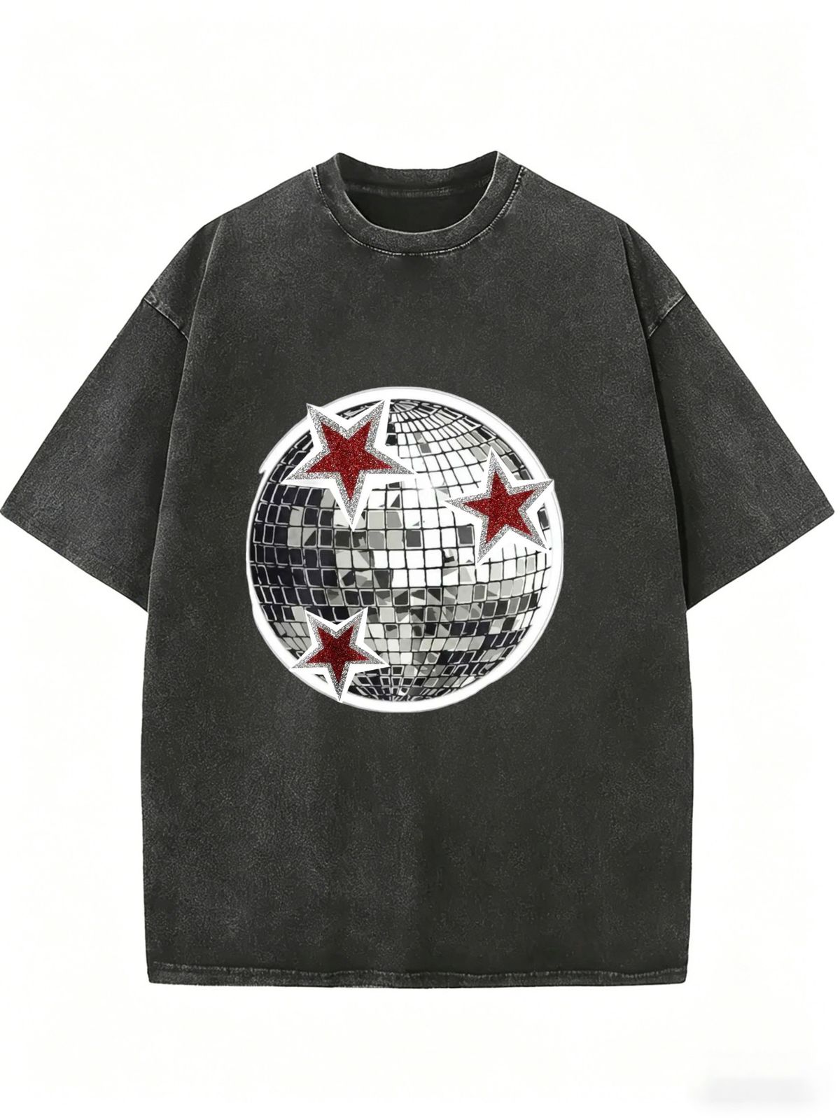 Women's Y2K Disco Ball Graphic T-Shirt, Glitter Star Print Retro Party Tee, 2000s Style Streetwear Top_ecoleips.com