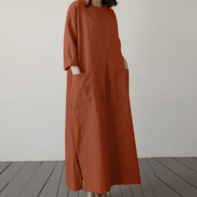 ZANZEA Spring Summer Loose Long Dress For Woman Cotton Linen O-Neck Long Sleeve Side Slit Solid Color Dresses Baggy Robes Femme_ecoleips.com