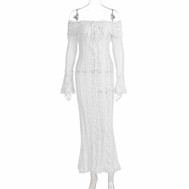 Elegant One Shoulder Off Lace Long Dress Flared Sleeve Strapless Formal Party Evening Gown Wedding Bridesmaid Dress_ecoleips.com