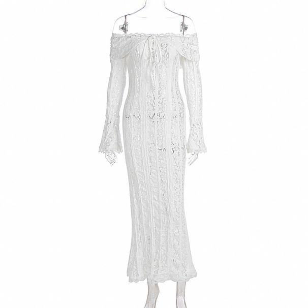 Elegant One Shoulder Off Lace Long Dress Flared Sleeve Strapless Formal Party Evening Gown Wedding Bridesmaid Dress_ecoleips.com