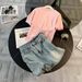 Women's Clothing New Summer Style Round Neck Colorful Button Sweater Short Sleeve Denim Skirt Two Piece Suit_ecoleips.com