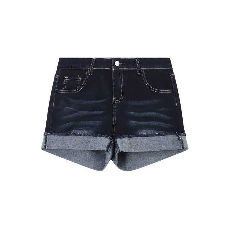 High-Waisted Stretch Denim Shorts For Women – A-Line Rolled Hem, Slim Fit & Comfortable (Dark Blue, S-5XL)_ecoleips.com