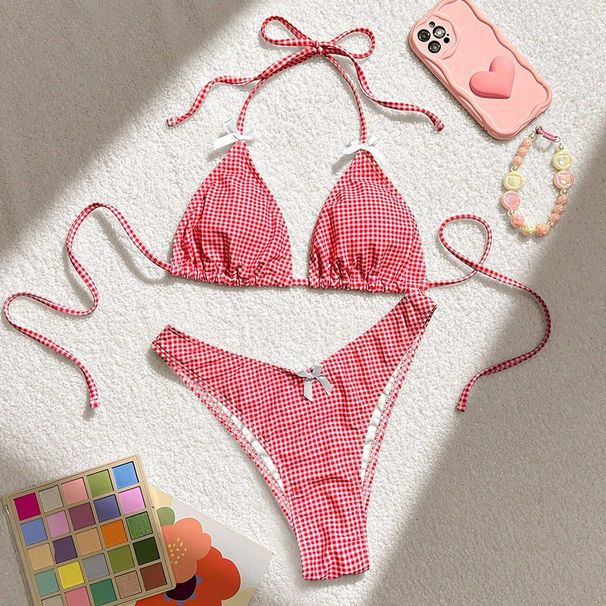 Summer Sweet Style Women's Two Piece Swimsuit Bikini Floral Plaid Bowknot Cross Border E Commerce Vacation New 2024_ecoleips.com