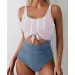 Ruched Tie-Knot Tummy Control One-Piece Swimsuit Patchwork Printing Women Bandage High Waist Vacation Beach Resort Bathing Suit_ecoleips.com