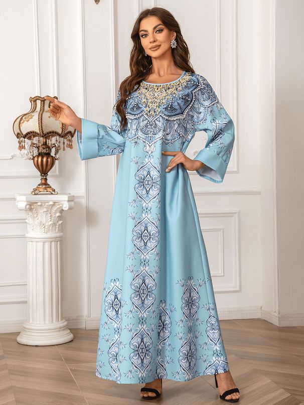 Muslim Printed Robe Abaya Beaded Elegant Round Neck Dress_ecoleips.com
